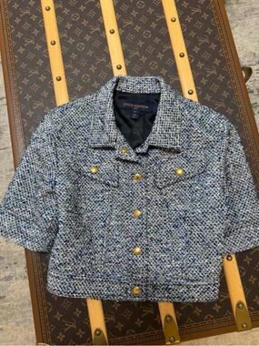 Louis Vuitton Blue and White Tweed Cropped Jacket with Gold Buttons